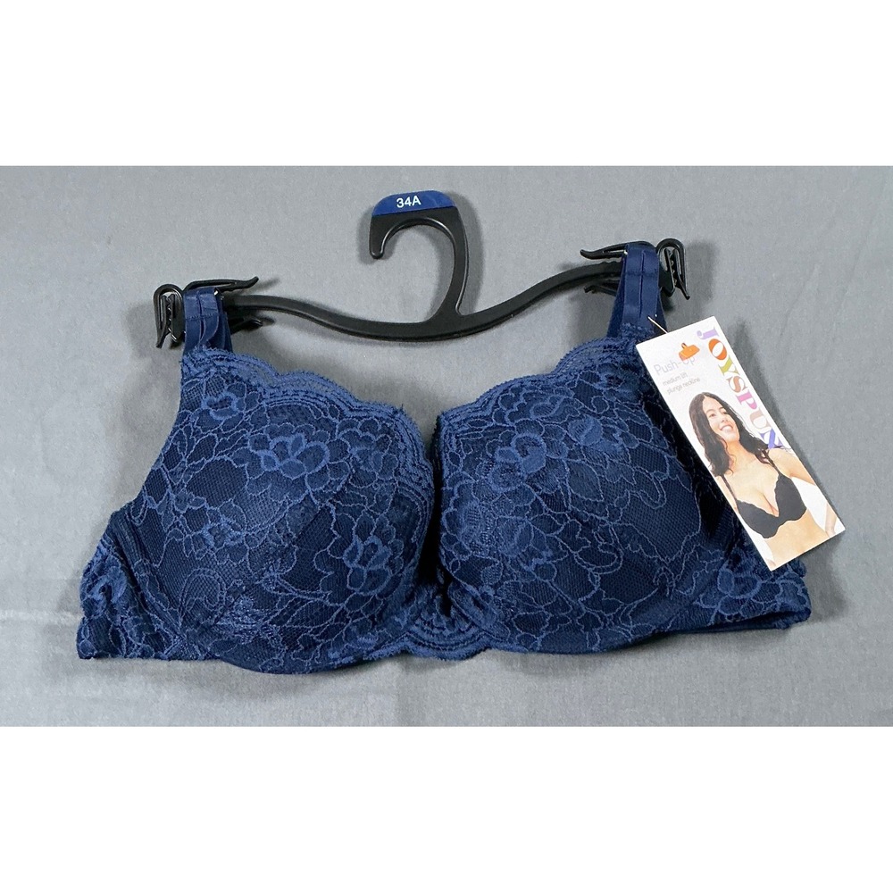 Joyspun Navy Blue Lace Push Up Bra 34A Plunge Neckline Medium Lift‎ NWT